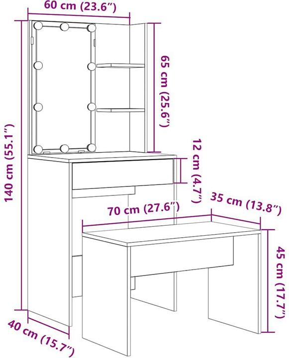Immagine prodotto VidaXL Schminktisch-Set mit LED-Leuchten Altholz-Optik Holzwerkstoff (60 x 40 x 140 cm)