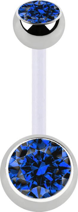 Star Piercing Banane transparent mit zwei Kugeln silber Kristall dunkelblau (Bioflex, ohne Messing, Chirurgenstahl 316L)