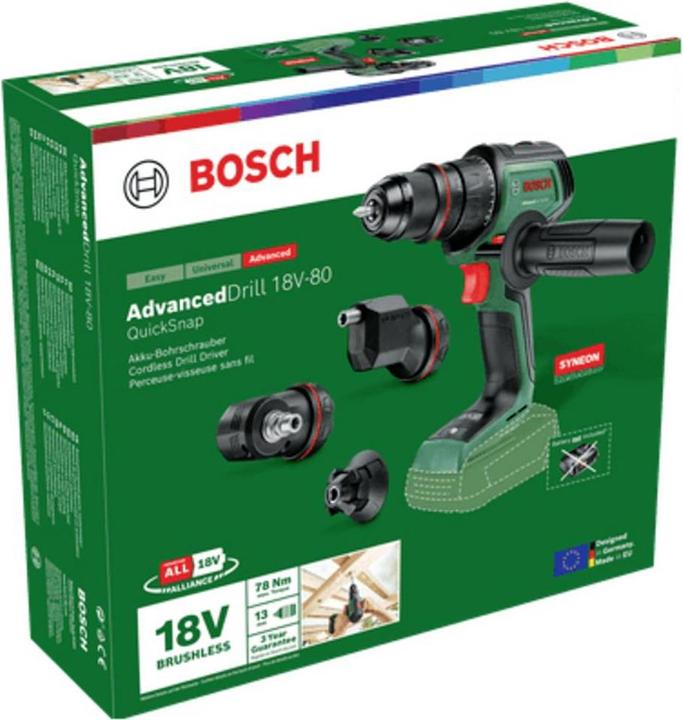 Produktbild Bosch Home & Garden Akku-Bohrschrauber AdvancedDrill 18V-80 QuickSnap + 3 Aufsätze (Akkubetrieb)