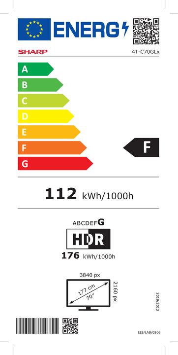 Label énergétique Sharp 70GL4260 noir (70", LED, 4K)