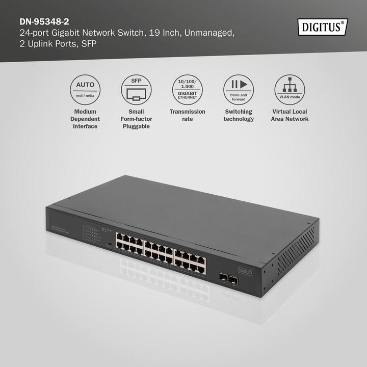 Actual product image Digitus 24-Port Gigabit Netzwerkswitch, 19 Zoll, unmanaged,2 Uplink Ports, SFP (24 Ports)