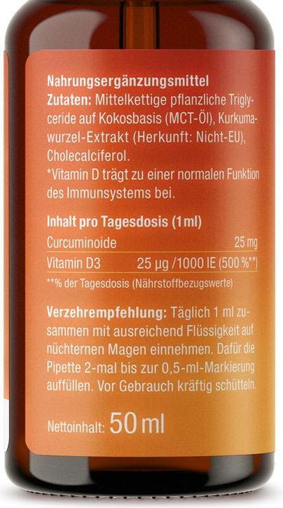 Valeurs nutritives et ingrédients Effective Nature Extrait de curcuma avec vitamine D3 (1 pièce(s), Gouttes)