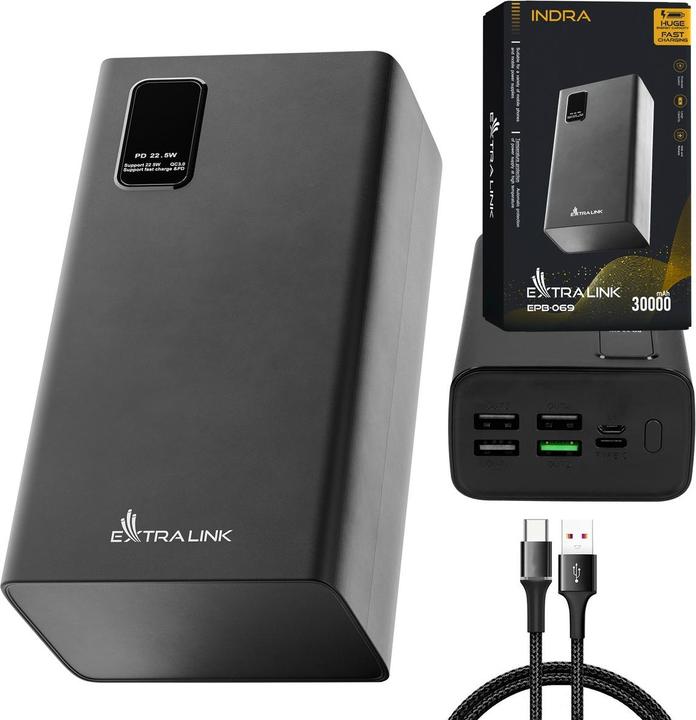 Image du produit Extralink EX.19515 Banque d'alimentation Lithium Polymère (LiPo) Noir (30000 mAh, 22.50 W, 111 Wh)