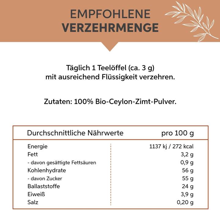 Valeurs nutritives et ingrédients Eltabia Cannelle de Ceylan bio en poudre | Cannelle de Ceylan finement moulue avec peu de coumarine (1 pièce(s), Poudre, 200 g)
