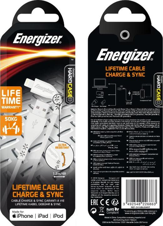 Actual product image Energizer Lifetime USB Lightning Cable Charge & Sync (1.2m) white (1.20 m, USB 2.0)