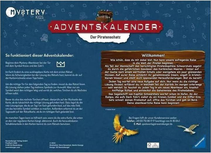 Productafbeelding Ravensburger 18234 - Mysterie kinderen adventskalender - De piratenschat - 24 puzzels voor kinderen