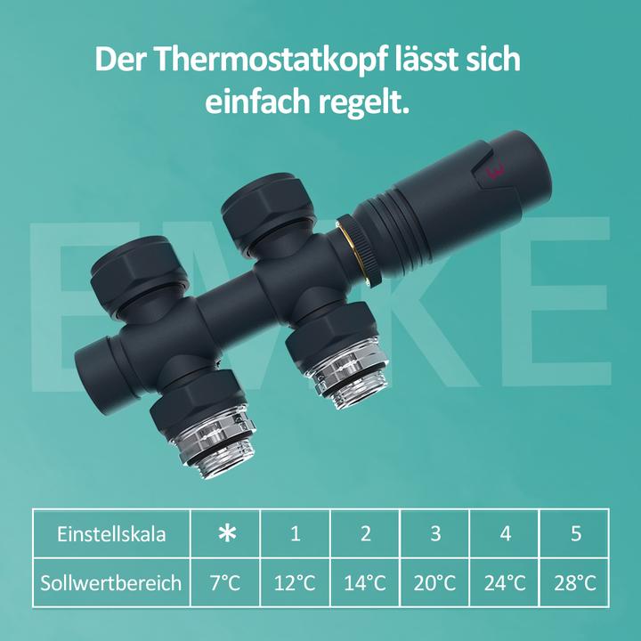 Produktbild Emke Thermostatventil, Universalventil mit Thermostat für Heizkörper, 10 bar, 7 Stufen, Anthrazit