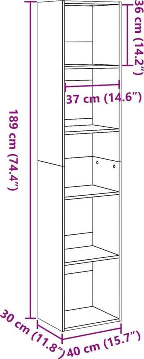 Image du produit VidaXL Bücherregal Regal Standregal Büroregal Aufbewahrungsregal Artisan-Eiche (40 x 30 x 189 cm)