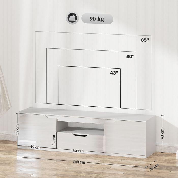 Actual product image Swisshandel24 Hochglanz TV-Lowboard für Fernseher bis 65 Zoll, 3 Fächer, Schublade, Weiss (160 x 38 x 43 cm)