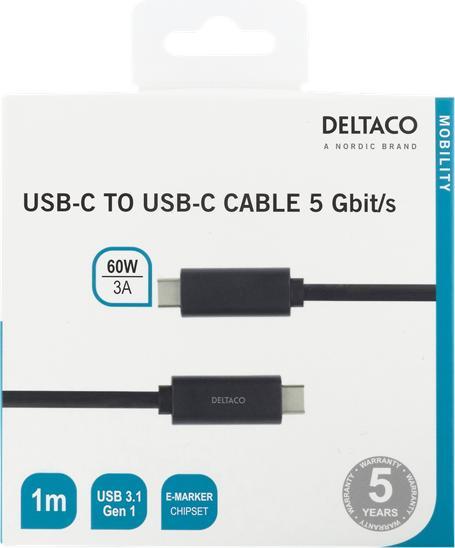 Produktbild Deltaco USB-C to USB-C cable, 1m, 60W 3A, USB 3.1 Gen, E-Marker black (1 m, USB 3.2 Gen 1)