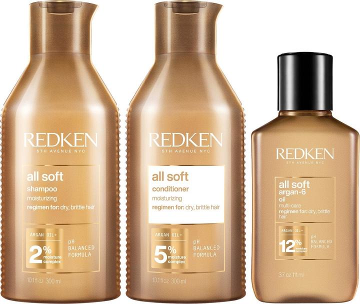 Redken All Soft Shampoo (300ml), Conditioner (300ml) und Argan-6 Öl (90ml)
