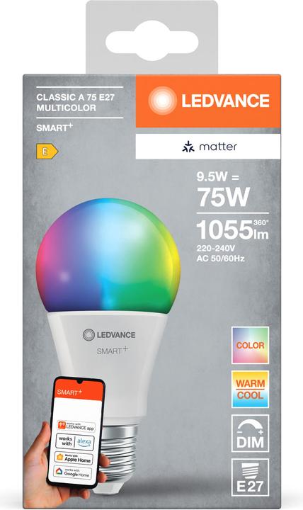 Actual product image Ledvance SMART+ MATTER CLASSIC A MULTICOLOR 9.5W 827...865 Multicolour E27 (E27, 9.50 W, 1055 lm, 1 x, F)