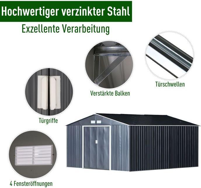 Produktbild Swisshandel24 Gerätehaus mit Fundament Geräteschuppen Gartenhaus Garten Schuppen Metall Kohlegrau 340 x 386 x 200