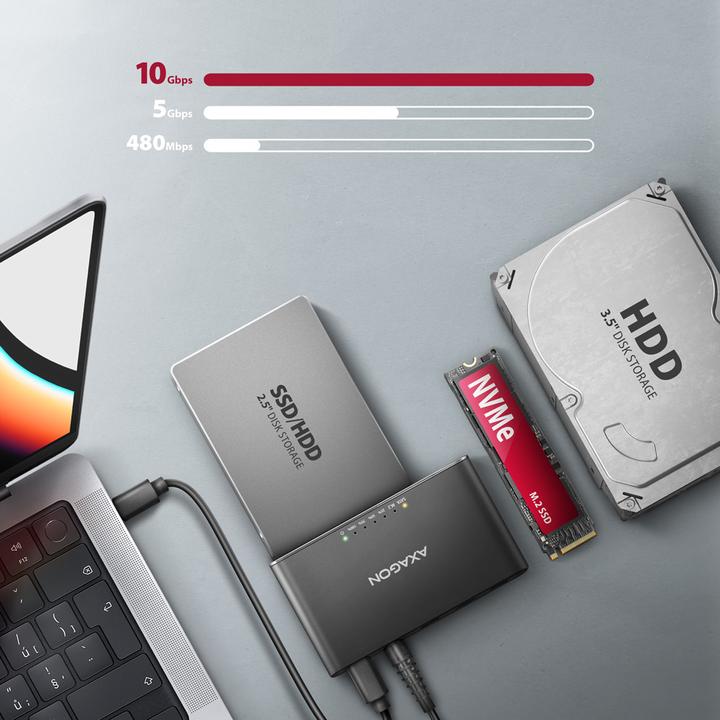 Produktbild Axagon ADSA-CC USB-C - NVMe M.2 SSD & SATA 2.5"/3.5" SSD/HDD CLONE MASTER (M.2 2242, M.2 2260)