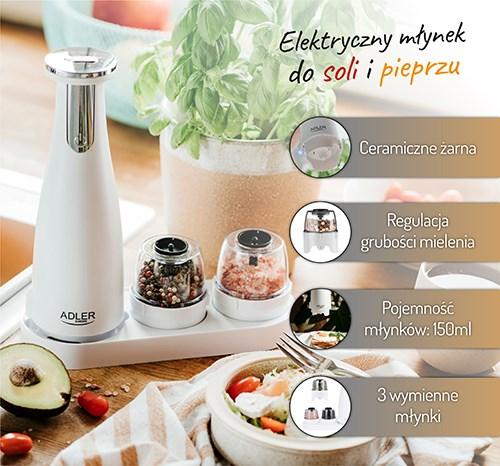 Produktbild Adler Electric Salt and pepper grinder AD 4449w 7 W, Housing material ABS plastic, Lithium, Matte White (Diverse Gewürze)