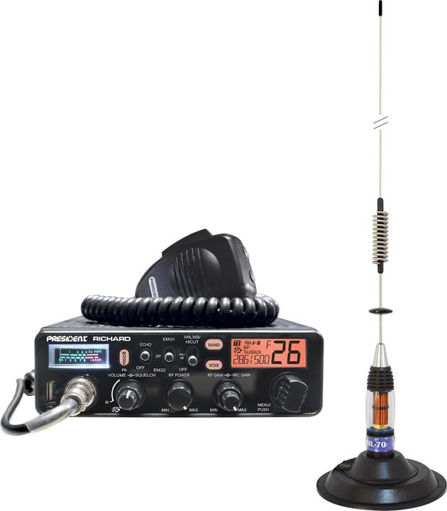 Produktbild PNI Paket President Richard ASC 10M CB-Funkgerät + ML70 CB-Antenne, Länge 70 cm, 26–30 MHz, 200 W