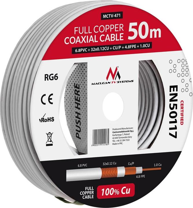 Actual product image Maclean MCTV-471 MCTV-471 Cable coaxial kabelis RG6 50M 1.02CU+4.8FPE+CU/P+32*0.12CU+6.8PVC (Antenna cable)
