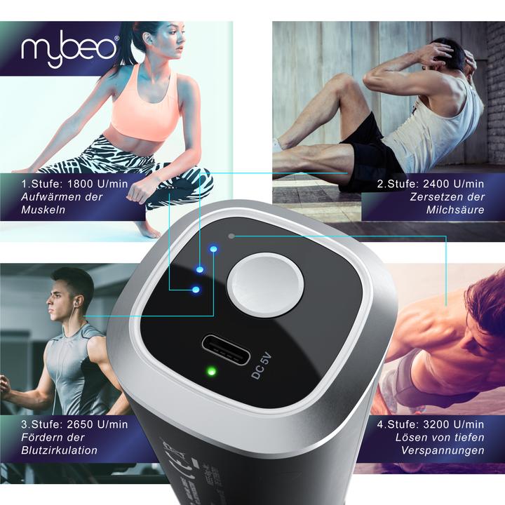 Produktbild Mybeo Massagepistole für Nacken, Schulter, Rücken, 4 Köpfe, 4 Geschwindigkeiten, 3D-Rotation, elektrisch