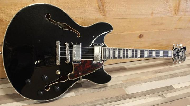 D'angelico Guitars D & aposangelico Premier DC Black Flake Stopbar Semi-akestische Gitarre mit Gigbag (DAPDCBLF2NS) (E-Gitarre, Pau Ferro, Rosewood)