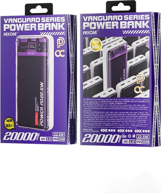 Actual product image Wekome WP-351 Vanguard-Serie – Powerbank 20000 mAh PD 20 W + QC 22,5 W (Lila / Transparent) (20000 mAh)