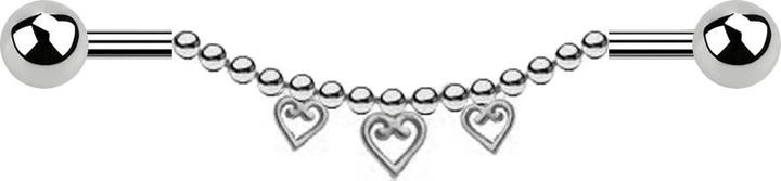 Image du produit Star Piercing Barbell argent deux boules chaîne trois coeurs (Acier chirurgical 316L, sans laiton)