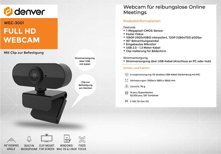 Image du produit Denver WEC-3001 Webcam 1 MP 1920 x 1080 Pixel USB Noir (2 Mpx)