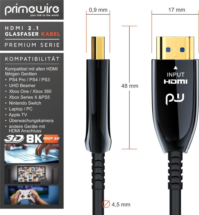 Immagine prodotto Primewire Cavo in fibra ottica HDMI 2.1, tipo A, UHD, 8K @ 120Hz, 4k @ 240Hz con DSC, HDR10+, 3D, eARC, HDCP (15 m, HDMI)