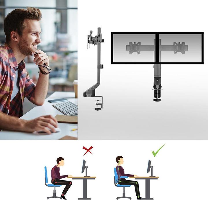 Produktbild Monitor Desk Mount with Crossbar, 2 screens up to 27ö, with thumb screw (Tisch, 27")