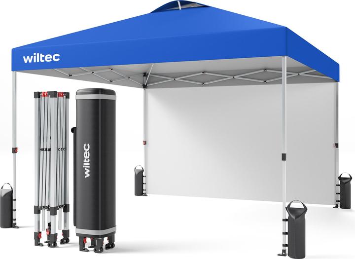 Wiltec Pop up gazebo 3x3m blue side section wheels garden gazebo folding gazebo (300 cm, 300 cm)