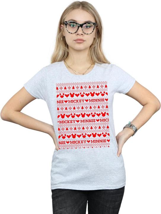 Actual product image Disney Womens/Ladies Mickey And Minnie Christmas Fair Isle Cotton T-Shirt (M)