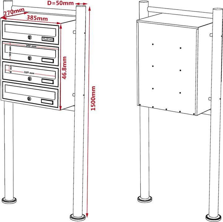 Actual product image Wiltec 4 letterbox system black 270x513x1500mm letterbox letterbox