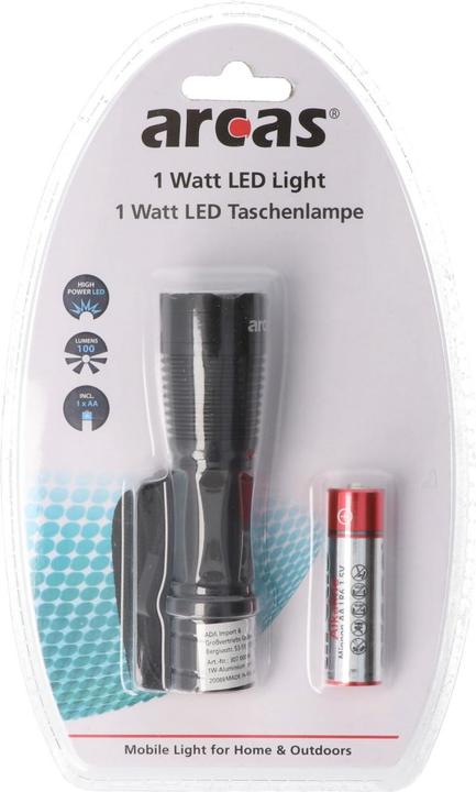 Immagine prodotto Arcas Torcia LED nera da 1 watt con batteria alcalina inclusa