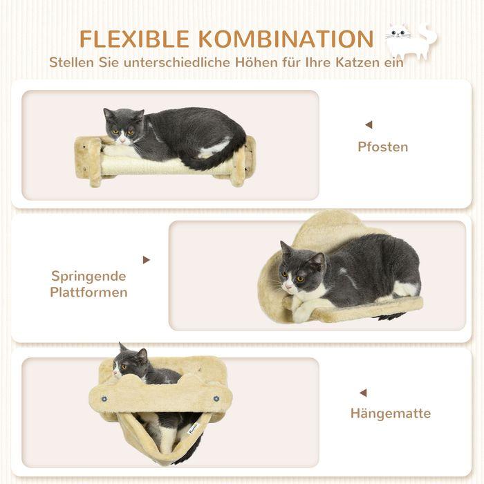 Actual product image Swisshandel24 Cat climbing wall 5-piece set with stairs, 2 scratching posts, platforms, hammock, plush (28 cm, Beige)