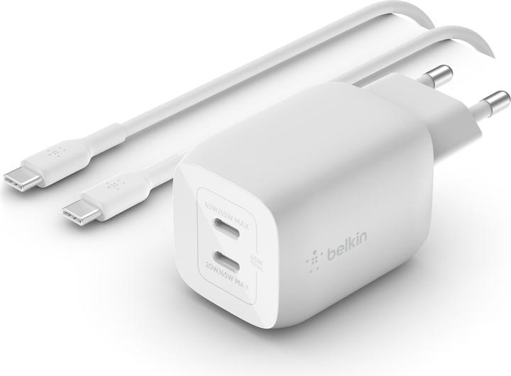 Belkin Dual USB-C GaN Ladegerät mit Power Deliver und PPS Technologie inkl. 2 Meter USB-C Kabel (65 W)