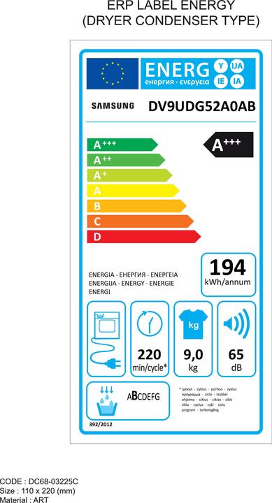 Label énergétique Samsung DV9UDG52A0ABEN - Wasdroger 9 kg A+++ OptimalDry AI Control Hygiene (9 kg, Droite)