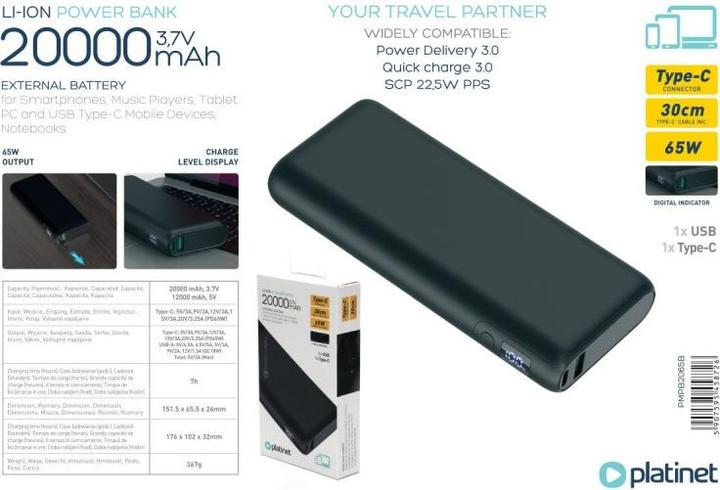 Image du produit Platinet Banque d'alimentation Indicateur LED Noir (20000 mAh, 65 W, 65 Wh)