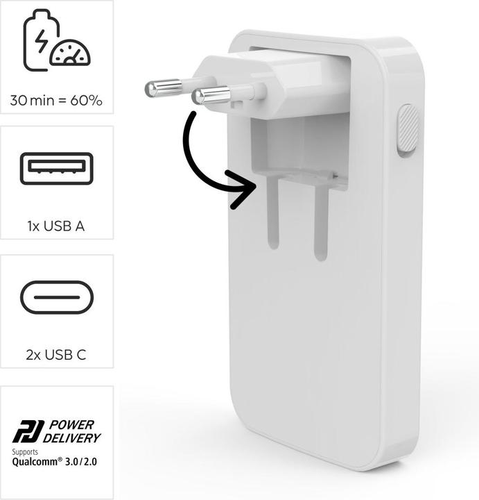 Produktbild Hama Schnellladegerät, 2x USB-C, 1x USB-A, flaches Mini-Ladegerät, PD, 65 W, WS (65 W)