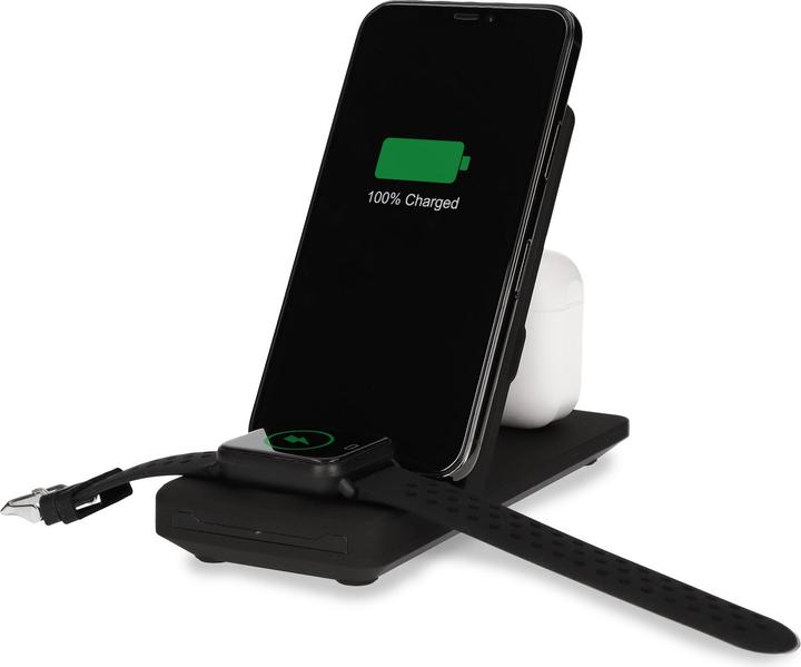 Immagine prodotto KSIX CARICATORE WIRELESS 3IN1 SMARTPHONE, AIRPODS APPLE WATCH (SERIE 1-7) NERO+ QC3.0 CARIC. (10 W)