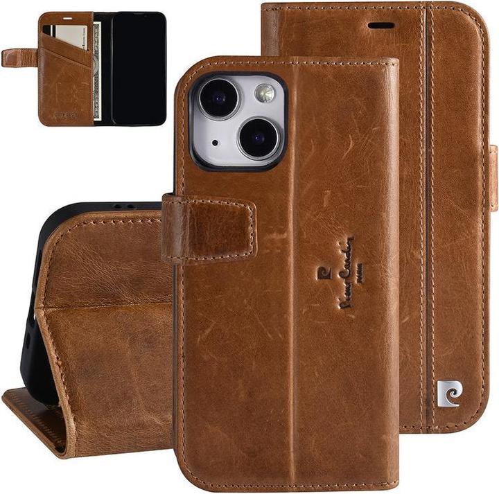 Actual product image Pierre Cardin Case iPhone 13 Mini - Genuine leather book case brown & 2 card slots (Apple iPhone 13 mini)