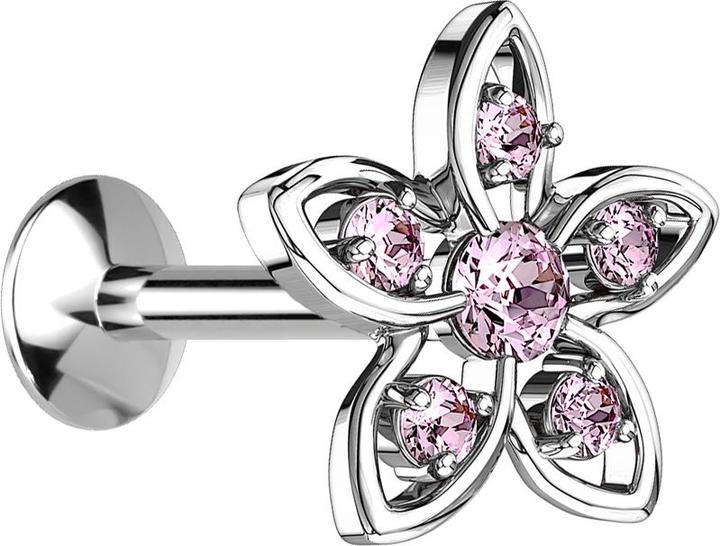 Image du produit Star Piercing Micro UFO Labret femelle argenté avec fleur et cristal rose (Laiton, Acier chirurgical 316L)