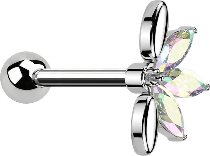 Produktbild Star Piercing Micro Barbell silber mit Kugel und Fächer silber drei ovale Kristalle multicolor (Chirurgenstahl 316L, Messing)