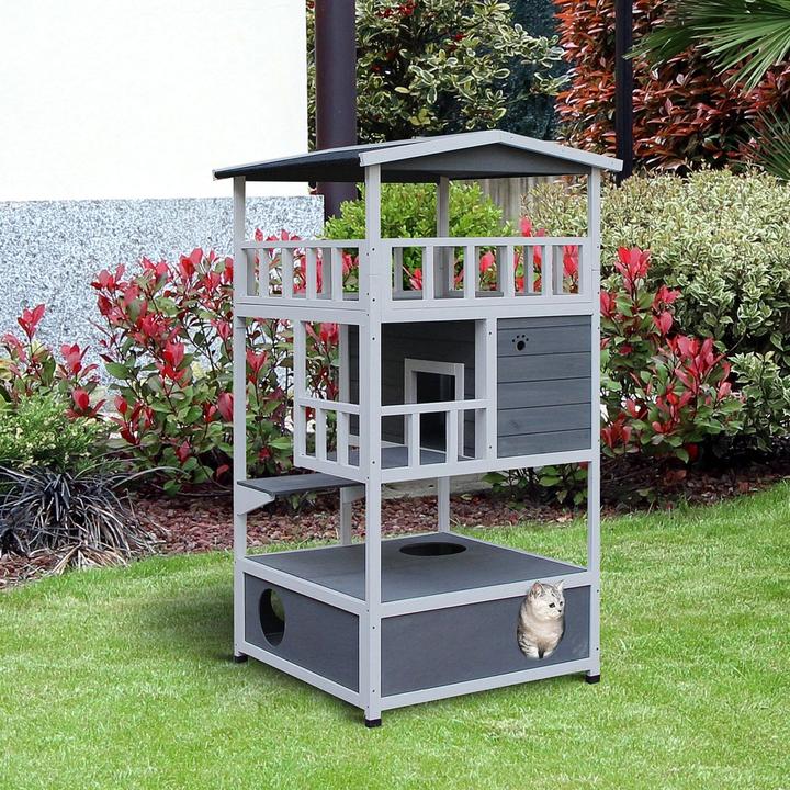 Immagine prodotto PawHut Rifugio per gatti da esterno con terrazza, 4 piani, resistente all'inverno, grigio, 75,5x75x137cm (137 cm, Grigio scuro Bianco)