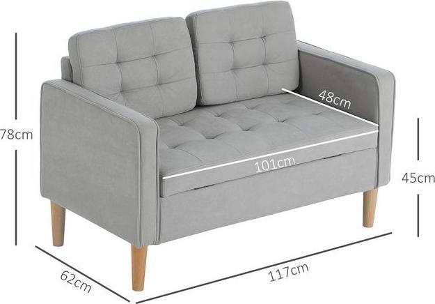 Produktbild Swisshandel24 Zweisitzer-Sofa mit Stauraum, Knopfheftung, Kissen, Kautschukbaumholz, 117x62x78cm, Hellgrau (2-Sitzer)