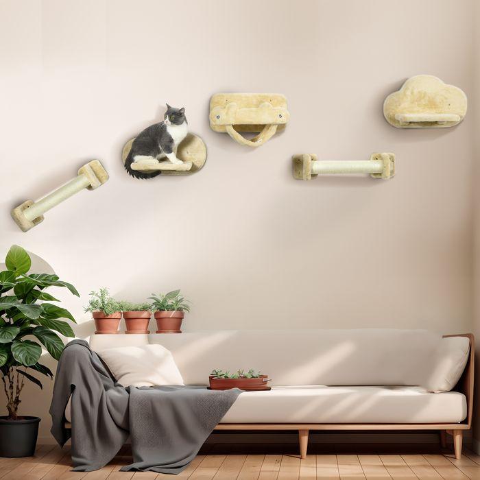 Actual product image Swisshandel24 Cat climbing wall 5-piece set with stairs, 2 scratching posts, platforms, hammock, plush (28 cm, Beige)