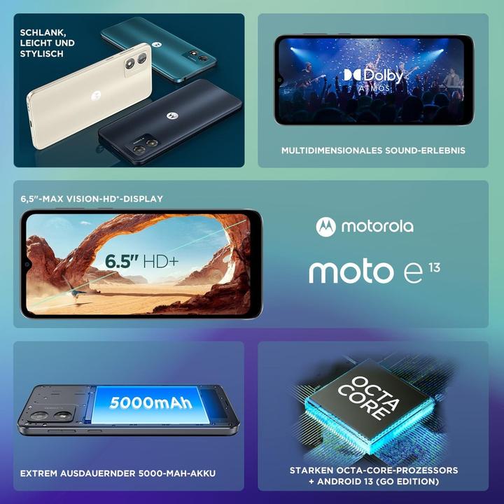 Immagine prodotto Motorola Moto E13 (64 GB, Cosmic Black, 6.50", Doppia SIM, 13 Mpx, 4G)