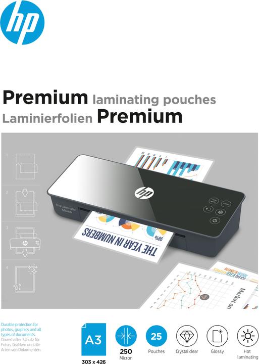 HP Laminierfolie Premium A3, 250 Micron, 25 Stück, Glänzend (A3, 25 Stück, 250 µm)