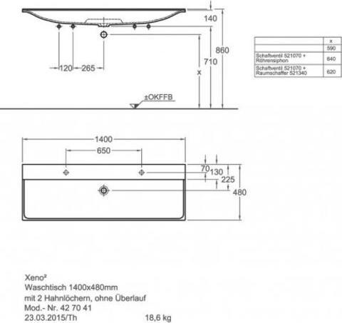 Produktbild Geberit Xeno 2 Waschtisch mit 2 Hahnlöchern und ohne Überlauf, 140x48cm, weiss, 500277001 (1500 mm, 1500 mm)