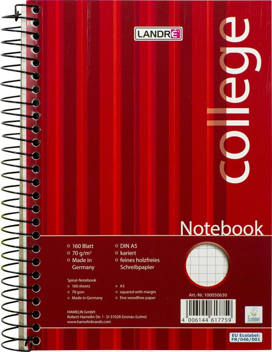 Immagine prodotto Landré Quaderno universitario A5 rilegato a spirale (A5, Quadretti, Copertina morbida)