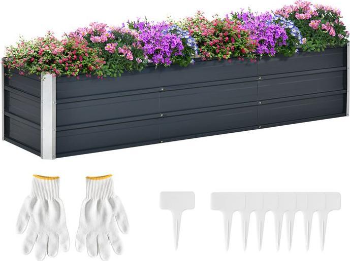 Swisshandel24 Fioriera da giardino XXL in acciaio con guanti, grigio scuro, 183x47x40cm