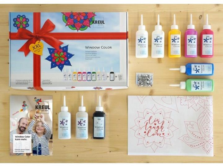 Produktbild Kreul Window Color XXL (Royalblau, Rubinrot, Schneeweiss, Rehbraun, Goldgelb, Pink, Glitzer-Gold, Schwarz, Mairün, Glitzer-Silber, 800 ml)